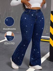 Slaydiva Quần jean cỡ lớn, quần jean cạp cao, quần jean ống loe bó, quần jean ống loe denim đính đá, quần jean xanh hoàng gia, thời trang đường phố, trang phục hẹn hò, trang phục dự tiệc và lễ hội âm nhạc, Y2K - Rửa tối - Xem 1