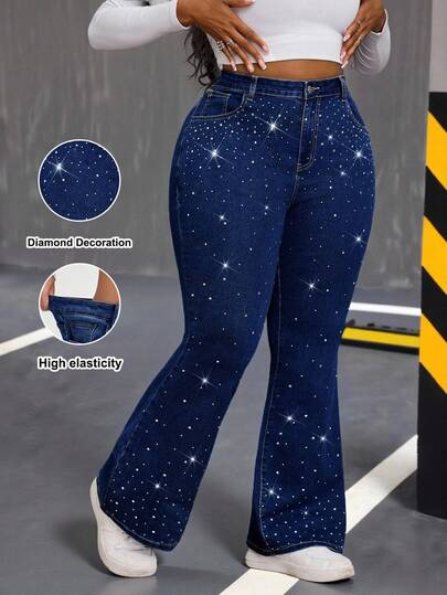 Slaydiva Plus-Size Jeans, High-Waisted, Skinny Flared Jeans, Rhinestone-Studded Denim Flared Jeans, Royal Blue Jeans, Fashionable Streetwear, Dating Clothes, Party And Music Festival Wear, Y2K