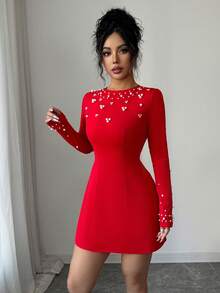 Selianne New Asymmetrical Bubble Bead Elegant Red A-Line Long Sleeve Mini Dress, Suitable For Dates, Parties, And Gatherings