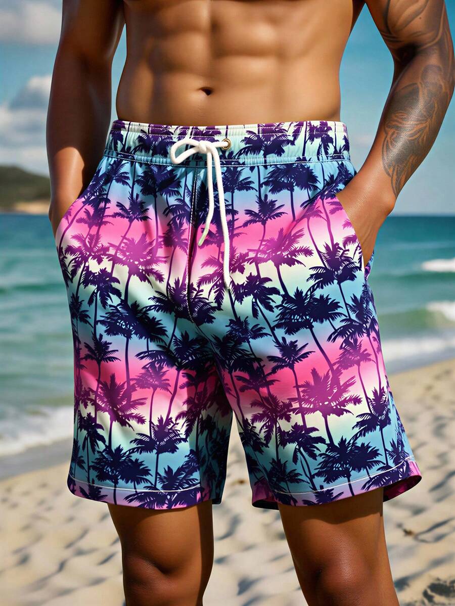 Manfinity Swimmode 男士夏季度假休闲渐变热带棕榈树印花抽绳腰带斜插口袋宽松沙滩短裤 - 霧霾藍 - 查看 1