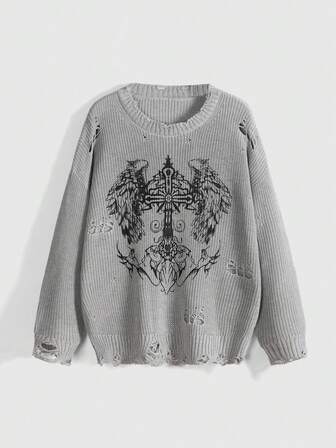 Grunge Punk Maglione casual da donna con scollo a ciurma, motivo a croce e ali, design consumato, adatto per l'autunno/inverno