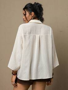 SHEIN VCAY Áo kiểu dáng rộng rãi, phong cách retro bohemian phương Tây, thêu hoa, cổ bẻ, tay lỡ 3/4 dành cho nữ. - trắng - Xem 2