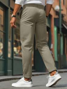 Manfinity Mode 男士休闲修身纯色西装裤，适合日常穿着和通勤。 - 卡其色 - 查看 2