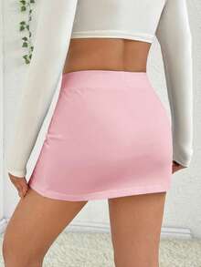 SHEIN EZwear Chân váy xẻ tà cao màu hồng dành cho nữ, thích hợp cho mùa xuân/hè. - Hồng - Xem 2