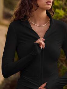 Aralina Leisurewear Zip Front Long Sleeve Top And High Waist Biker Shorts Two Pieces Set - Black - View 4