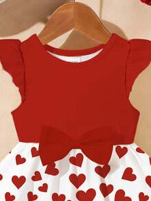 1 chiếc đầm bé gái màu đỏ in hình trái tim, tay bồng, dáng chữ A phối màu tương phản, trang phục mùa hè, đồ mặc hàng ngày thoải mái cho bé gái sơ sinh và trẻ nhỏ. - Nhiều màu - Xem 4