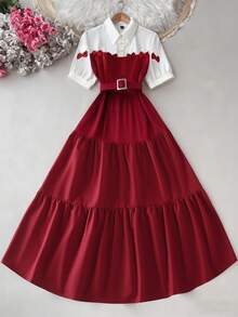 SHEIN Franclia 学院风红白蝴蝶结装饰收腰连衣裙 - 短袖设计，打造纤细优雅的身形，时尚别致的少女约会连衣裙 - 紅色 - 查看 1