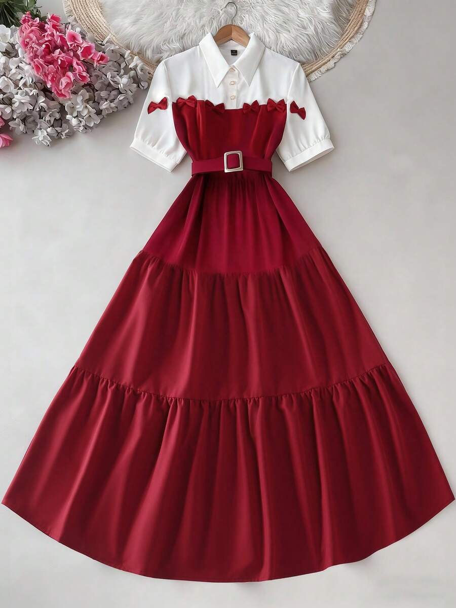 SHEIN Franclia 学院风红白蝴蝶结装饰收腰连衣裙 - 短袖设计，打造纤细优雅的身形，时尚别致的少女约会连衣裙 - 紅色 - 查看 1