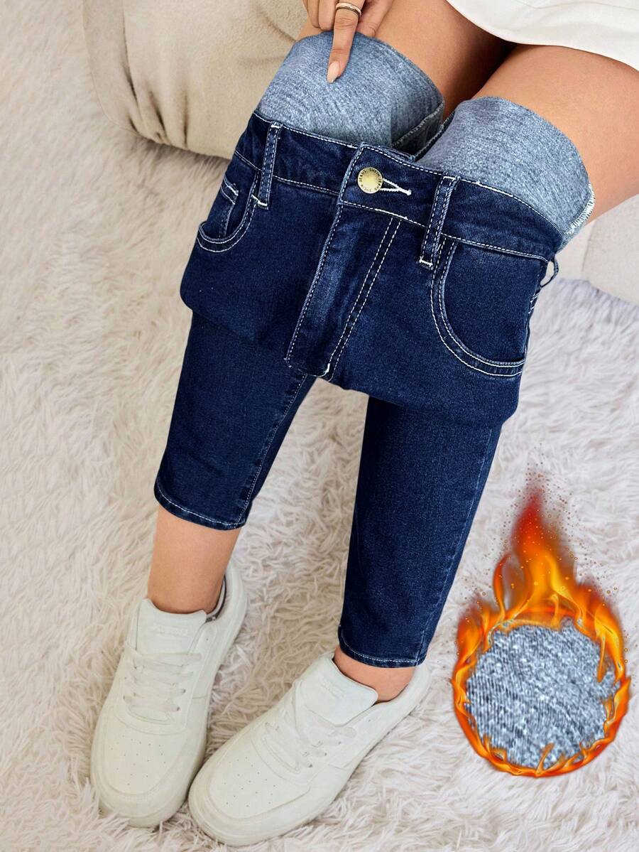 SHEIN Tall 秋冬女式高腰带口袋保暖内衬修身休闲百搭牛仔裤，冬季保暖内衬时尚舒适修身黑色牛仔裤 - 深色水洗藍 - 查看 1