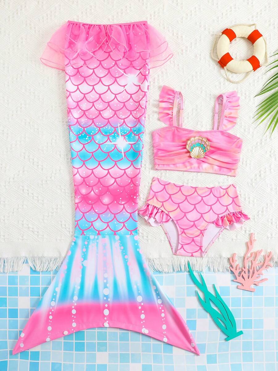 Sparklyn Young Girls Bikini Sets And Child 3-Piece Handmade Sewing Shell Contrast Gradient Skirt Mesh Splicing Skin Friendly Fabric Swimsuit Set Beach, Pool, Seaside, Surfing Vacation, Summer, Travel, Vacation Princess Swimsuit Kids Pink And Blue Kids Bathing Suit - Multicolor - View 1