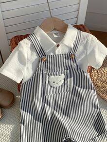 SHEIN 2pcs Set White Summer Casual Family Matching Baby Boy Striped Cartoon Bear Romper Overalls & Short Sleeve Collared Button Shirt Outfit For Birthday - Multicolor - View 4