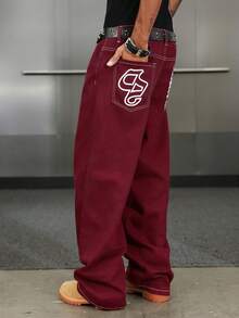 Manfinity ZONE917 男士休闲印花牛仔裤 - 酒紅色 - 查看 2