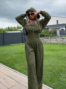 Jeta Ari Kapuzen-Jumpsuit mit durchgehendem Reißverschluss, tailliert, lässiger Loungewear-Stil, Basis-Capsule-Wardrobe, Alltagsoutfit, Business-Office-Wear, Schule, Herbst-Winter, Airport-Outfit - Armeegrün - Übersicht 6