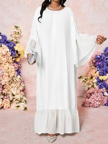 Fleurora Đầm dài dáng rộng, màu trơn, cổ tròn, tay loe, kiểu dáng thường ngày, cỡ lớn. - Màu xanh lam - Xem 6