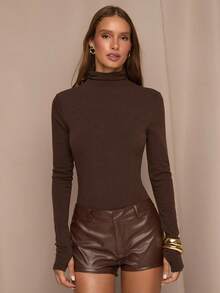 SHEIN BAE Quần short màu trơn thời trang mùa hè dành cho nữ - Cà phê nâu - Xem 4