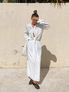 Livesso Bộ đồ 2 món phong cách mùa xuân hè, thoải mái, năng động, kiểu dáng đường phố, màu trắng, họa tiết hoa rỗng, chất liệu jacquard, thắt eo bằng dây rút, gồm áo cardigan dài tay và chân váy chữ A dành cho nữ. - trắng - Xem 5