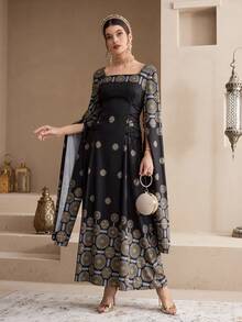 Al Najma Modest Women's Floral Pattern Square Neck Extra Long Sleeve Waist Tie Design Elegant Arabic Dress - Black - View 3