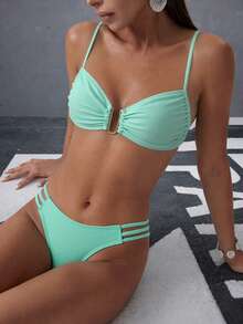 Swim Mod Women's Solid Color Ruched Sexy Bikini Swimsuit Set, U-Shaped Wire - Mint Blue - View 3