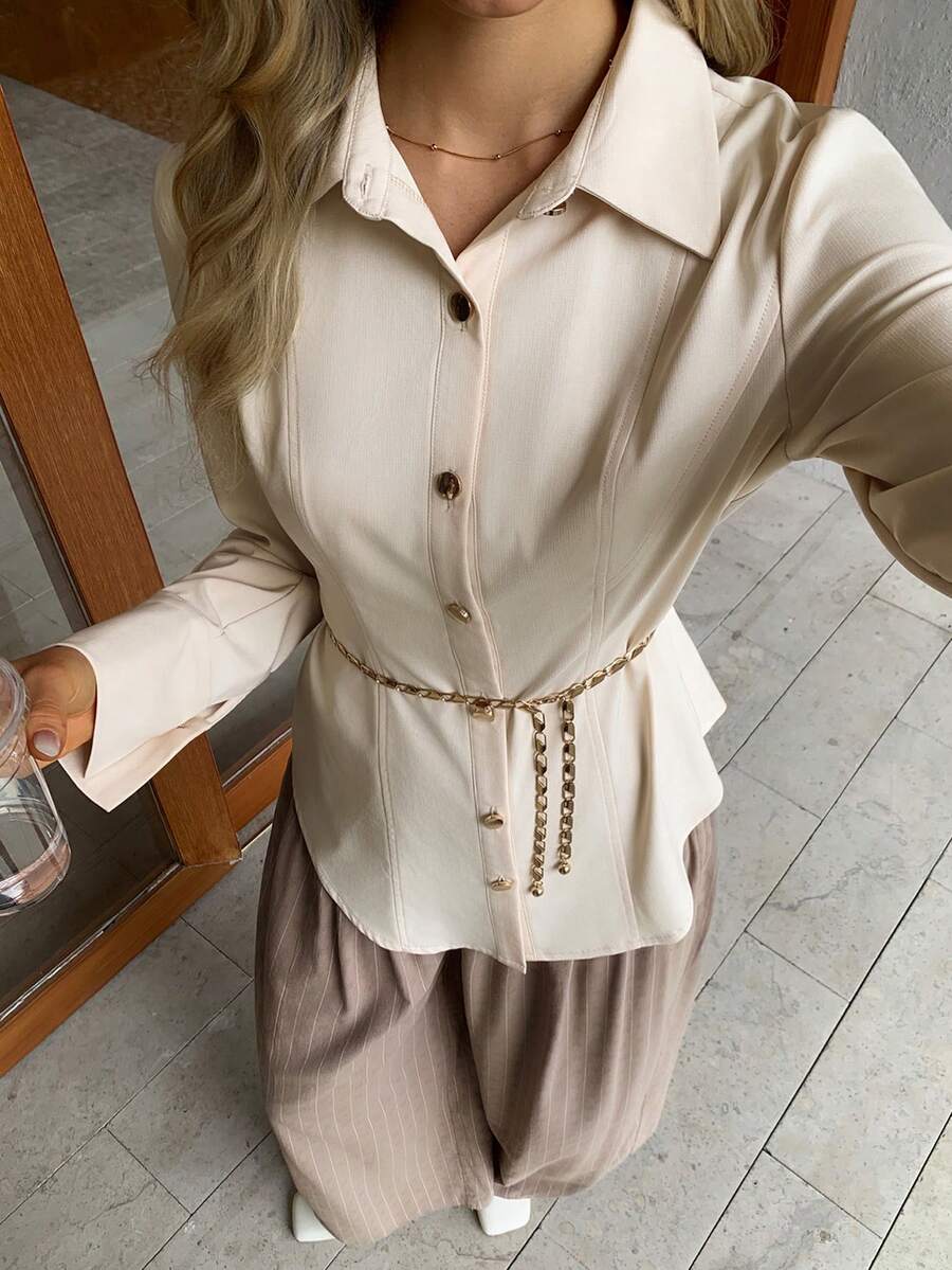 Elyressa 杏色系带腰部纹理金属装饰衬衫 - 杏色 - 查看 1