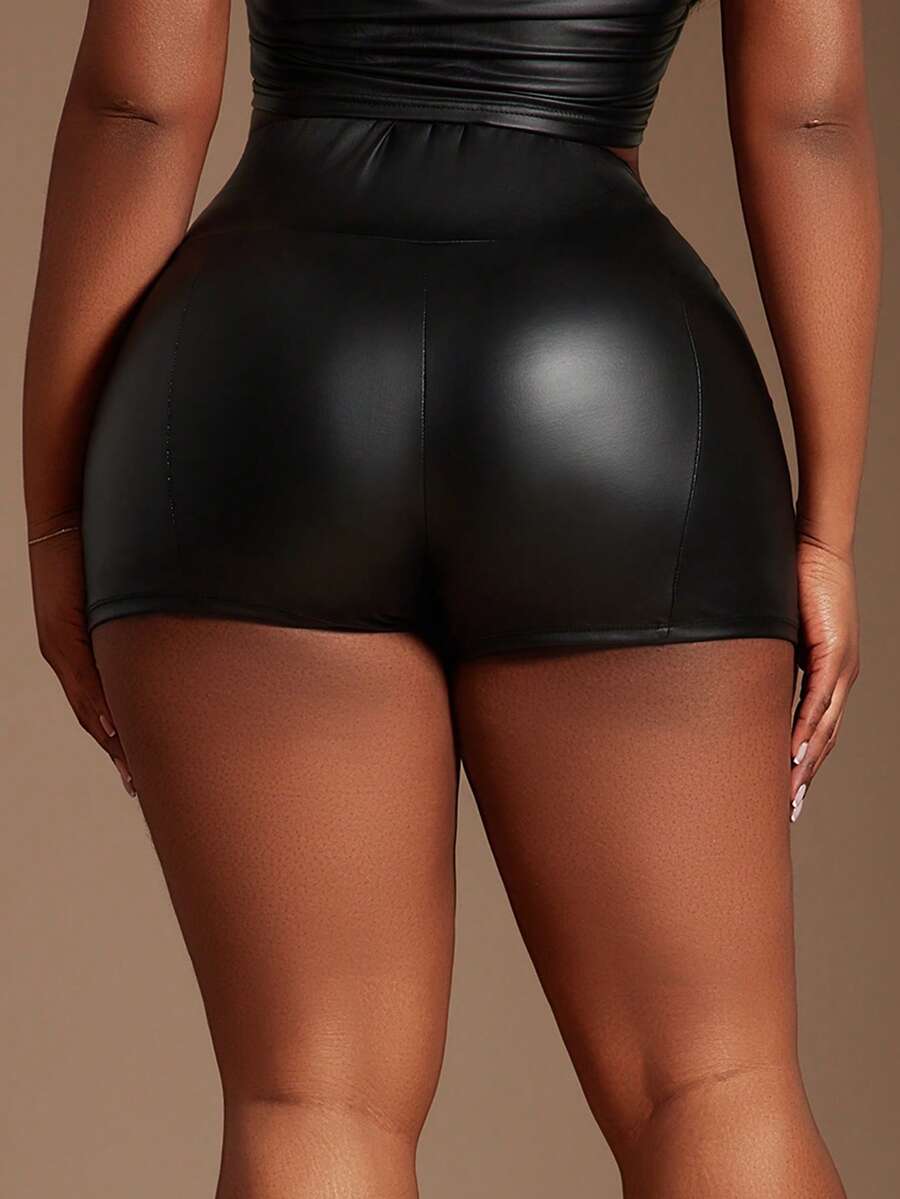 SHEIN SXY 大码夏季宽腰PU骑行短裤 - 黑色 - 查看 1