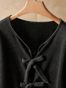 Elaquor Casual Black Knitted Fabric Plus Size T-Shirt With Ruffle Hem And Flare Sleeves Regular Length Top - Black - View 3