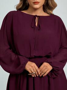 Auralis Plus Size Women Casual Solid Color Waist Cinched Dress/Round Neck, Front Tie Waist, Flared Hem, Double-Layered Ruffles, Loose Long Sleeves, Plus Size Purple-Red New Year's Party/Christmas Dress / Short Loose Romantic Date / Valentine's Day/Birthday Party/Banquet Outfit/Clothes For Women Spring - Red Violet - View 6