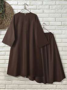 SHEIN Unity Women's Round Neck Long Split Embroidered Vintage Elegant 2 Pieces Set Dark Brown Dress,Dark Orange,Autumn,Modest,Family Chocolate Coffee Brown Set - Brown - View 2
