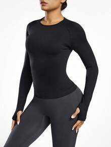 Seamluxe SHEIN Sport Áo thun thể thao tay dài cổ tròn, dáng ôm, màu trơn, kiểu dáng thường ngày - màu đen - Xem 4