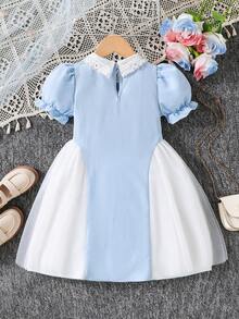 Young Girl' Cute Lace Collar Puff Sleeve Patchwork Tulle Textured Fabric Casual Elegant Dress - Blue - View 2