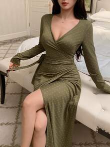 DAZY 波点印花收腰长款女士睡裙，女士家居服连衣裙 - 橄欖綠 - 查看 4