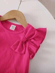 女婴可爱夏季百搭针织玫红色蝴蝶结短袖上衣 - 玫紅色 - 查看 4