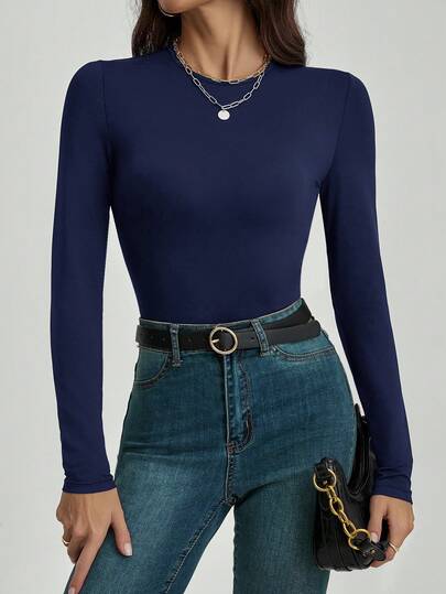 SHEIN Tall Mono de manga larga con cuello redondo, detalles de cremallera y tela azul polvoso para uso casual