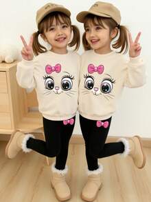 舒适秋冬装/女婴休闲时尚创意个性清新简约可爱小猫蝴蝶结爱心印花宽松圆领卫衣和打底裤两件套，舒适套装，适合2岁女童冬季穿着，女婴冬季服装，女婴套装，女婴卡通服装，女婴春秋装 - 彩色 - 查看 1
