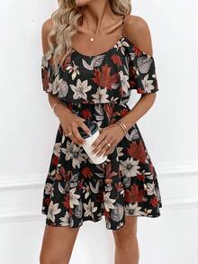 SHEIN Clasi Women's Romantic Floral & Plant Print Off-Shoulder Ruffle Hem Camisole Vacation Summer Dress Spring Summer Vacation Women's Day Elegant Gift For Mom Festival Outfit Beach Date Night ,Summer Dress - Multicolor - View 7