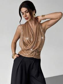 Firerie Top élégant et sexy pour femmes avec sequins dorés, dos nu. Idéal pour l'automne, l'hiver, Noël, les fêtes, le Nouvel An. Top pailleté, brillant, pour boîte de nuit, soirée d'entreprise. Débardeur - Doré - Voir 9