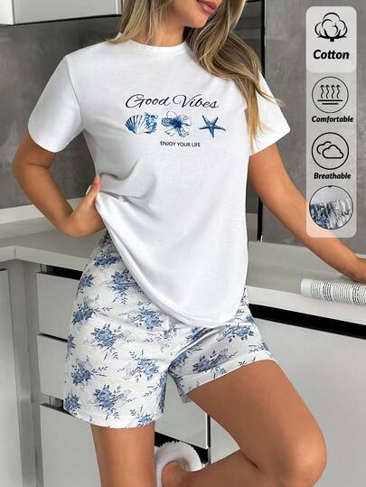 SHEIN Women Cotton 2 Pcs Summer Cartoon Pattern Short Sleeve Round Nech Shirt& Floral Pattern Shorts Homewear Cute Comfort Pajama Set Women Short Sets Summer Lounge Short Sets For Women Women Pajama Shorts Set Shorts Pjs Set Sleep Wear Women Summer