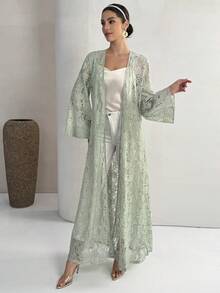 Yasmyna Women's Lace Bell Sleeve Loose Elegant Abaya Robe - Green - View 4