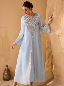 Al Najma Fashionable New Heavy Embroidered Collar Women's Arabic Dress - Baby Blue - View 6