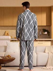 Velminro Men's Striped Long Sleeve Single-Breasted Top And Pants Pajama Set Men Two Piece Set Men Pajama Set - Black and White - View 2