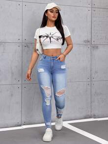 SHEIN Tall Women's Fashionable Versatile Casual Ripped Skinny Jeans - Light Wash - View 6