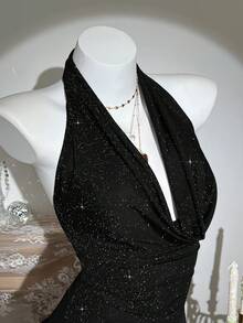 Elamini Women's Shiny Sexy Halter Deep Draped Neck Mini Dress - Black - View 6