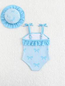 NEW BABY Beachwear Newborn Swimsuit Cute Blue Bow Print Knit Fabric Adjustable Shoulder Strap Bow Two-Piece Set, Hat+One-Piece Swimsuit Fashionable Casual Exquisite Gorgeous Ladies Suitable For Swimming Suitable For Summer Vacation Beach Beach Swimming Pool Summer Party Leisure Vacation