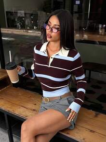 SHEIN PETITE Women's Autumn/Winter Collegiate Style Polo Collar Contrast Striped Brown And Blue Loose Knit Sweater,Brown Sweater,Spring Preppy Tops Striped Long Sleeve - Multicolor - View 1