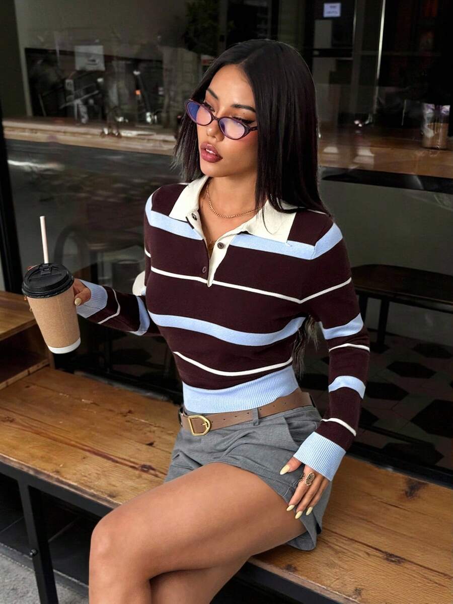 SHEIN PETITE Women's Autumn/Winter Collegiate Style Polo Collar Contrast Striped Brown And Blue Loose Knit Sweater,Brown Sweater,Spring Preppy Tops Striped Long Sleeve - Multicolor - View 1