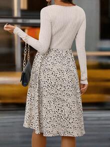 SHEIN Clasi 女式 V 领罗纹针织修身腰部 A 字形碎花长袖优雅日常通勤中长连衣裙，秋冬 - 彩色 - 查看 7