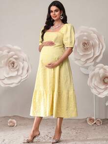 SHEIN 孕妇花卉提花方领短泡泡袖荷叶边下摆优雅连衣裙 - 黃色 - 查看 4