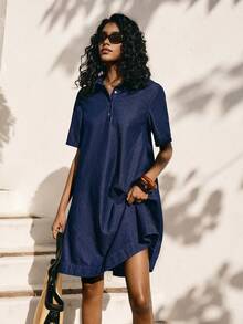 Poéselle New Women's Denim Dress, Casual Short-Sleeved Loose Denim Dress, Summer Dress, Spring Break Dress, Dark Blue Dress, Casual Vacation Dress. - Dark Wash - View 2