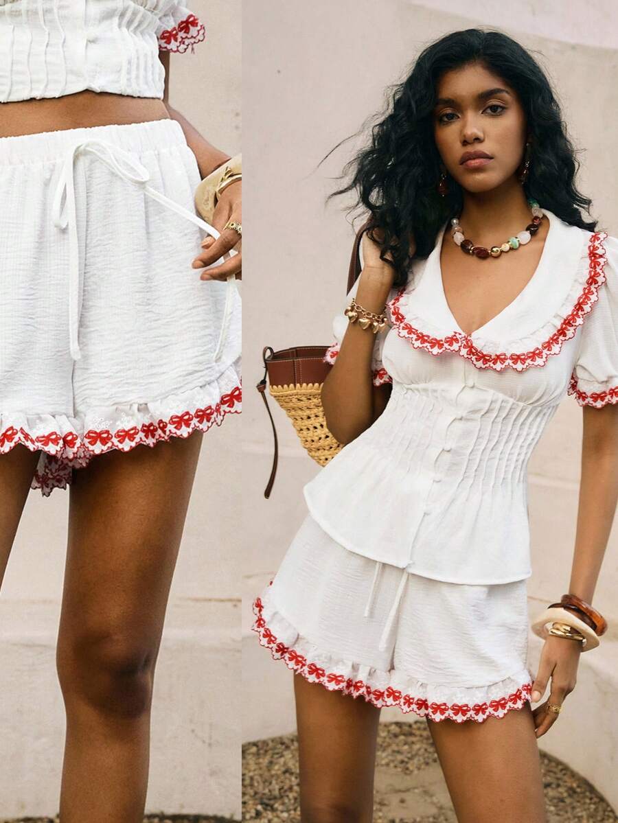 Poéselle 女士刺绣打结休闲度假短裤 - 白色 - 查看 1