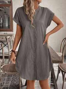 SHEIN Tall CURVE Plus Size Solid Color Notched Neck Button Front Short Sleeve Dress, Summer Dresses - Grey - View 6