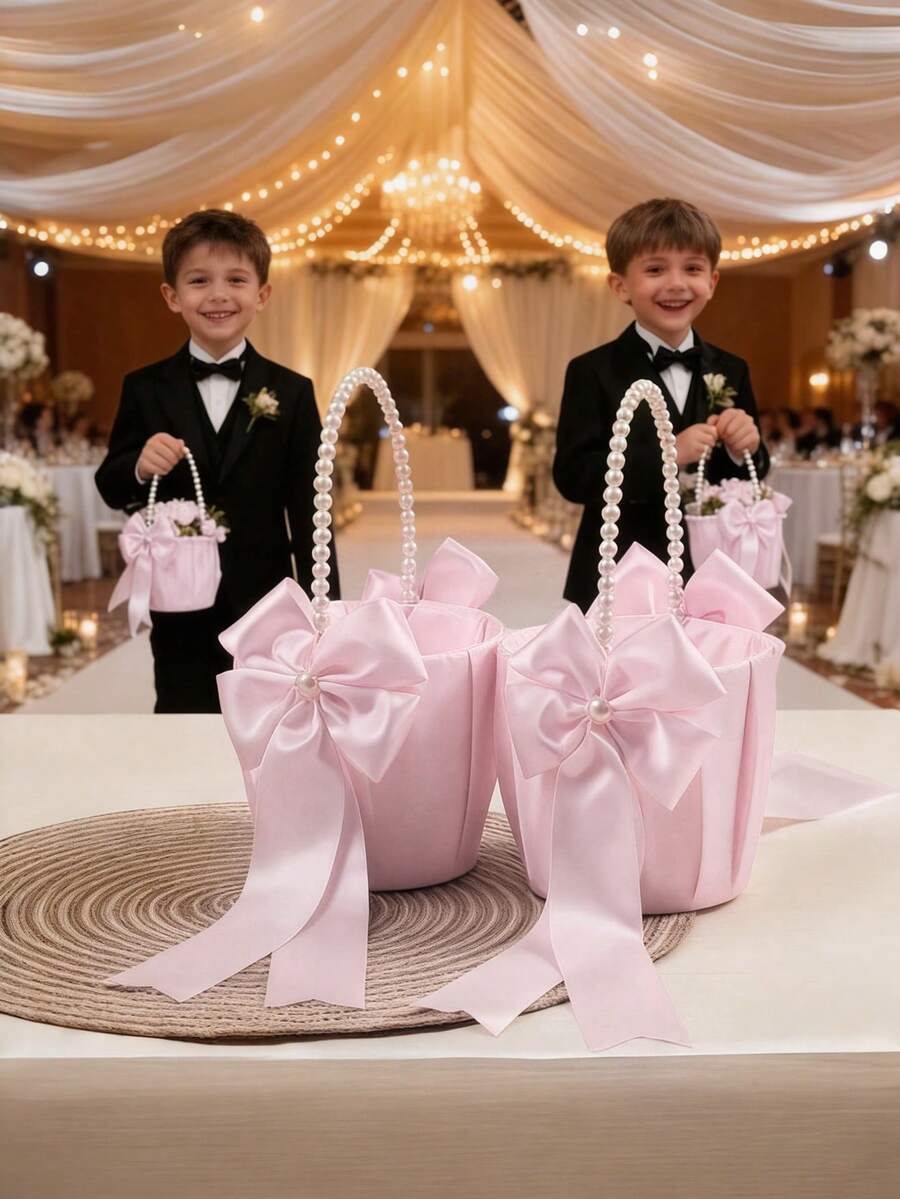 SHEIN 1pc Bow Pearl Wedding Flower Basket - White Bow Flower Basket, Satin Flower Basket, Suitable For Wedding Party Decoration, New Year Gift - Pink - View 1